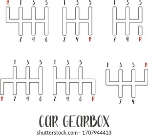 Set of mechanical, manual gearbox. Various types of transmissions. Line vector illustration.
