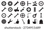 Set of mechanical parts and tools icons in black and white, featuring gears, wrenches, and other machinery components, suitable for engineering and industrial design concepts.