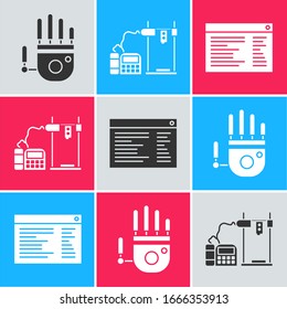 Set Mechanical robot hand, 3D printer and Software, web developer programming code icon. Vector