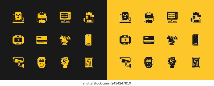 Set Mechanical robot hand, Artificial intelligence, Earth with exclamation mark, Smart glasses spectacles, Credit card, Cloud database, Radioactive warning lamp and  icon. Vector