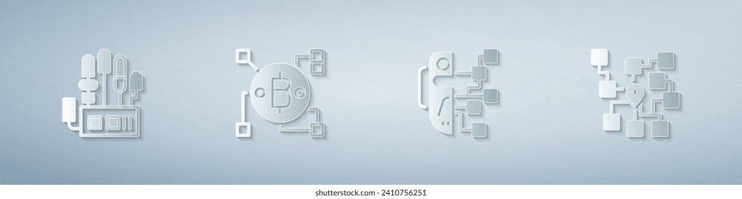 Set Mechanical robot hand, Blockchain technology Bitcoin, Humanoid and Neural network. Paper art style. Vector