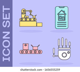 Set Mechanical robot hand, Factory conveyor system belt, Conveyor belt with cardboard box and Smart home icon. Vector