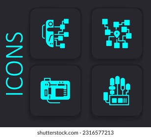 Set Mechanical robot hand, Humanoid, Neural network and Motherboard icon. Black square button. Vector