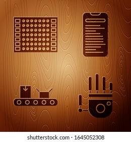 Set Mechanical robot hand, Printed circuit board PCB, Conveyor belt with cardboard box and Computer api interface on wooden background. Vector