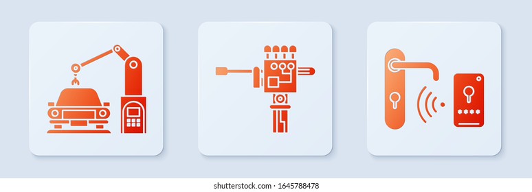 Set Mechanical robot hand and screwdriver, Industrial machine robotic robot arm hand and Digital door lock with wireless technology for unlock. White square button. Vector