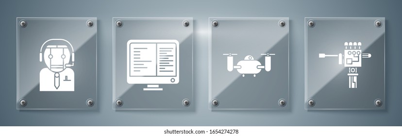 Set Mechanical robot hand and screwdriver, Drone flying with action camera, Computer monitor screen and Worker robot. Square glass panels. Vector