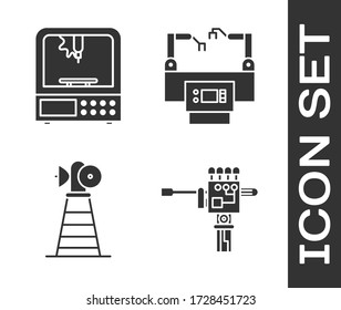 Set Mechanical robot hand and screwdriver, 3D printer, Antenna and Assembly line icon. Vector