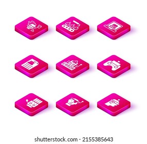 Set Mechanical robot hand, Smart glasses, Technical specification, Error in, Remote control, Creating and Industrial production of robots icon. Vector