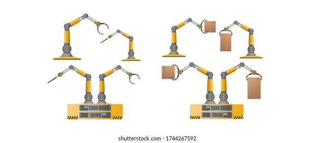 Set of mechanical robots holding boxes. Industrial robotic arm lifts a load. Modern industrial technology. Appliances for manufacturing enterprises. Isolated. Vector.