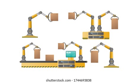 Set of mechanical robots holding boxes. Industrial robotic arm lifts a load. Modern industrial technology. Appliances for manufacturing enterprises. Isolated. Vector.
