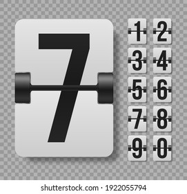Set of mechanical scoreboard digits. Black digit on white board. Characters and numbers. Flip clock showing how much time: hours, minutes and seconds.