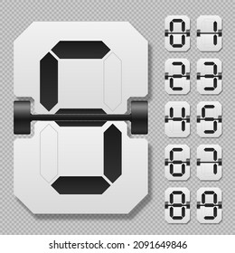 Conjunto de dígitos mecánicos del marcador. Dígito negro en pizarra. Caracteres y números. Voltear el reloj mostrando cuánto tiempo: horas, minutos y segundos.
