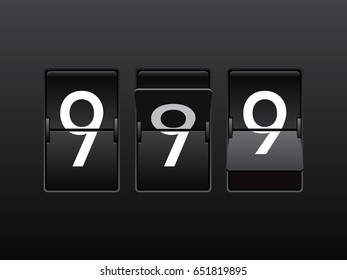 Set of mechanical scoreboard digits. Number 9. White digit on black board.