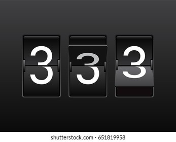 Set of mechanical scoreboard digits. Number 3. White digit on black board.