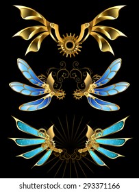 Set of mechanical steampunk wings with gears on black background.