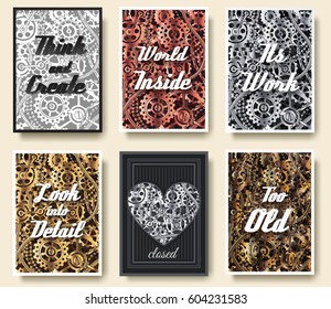 Set of mechanical vector posters for you design with typographic motivation slogan text. Tamplate for print, mobile, wallpaper or web concept