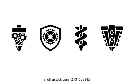 Set of mechanical vector signs with gears, shield, caduceus, and tribal mask. Steampunk, technical, engineering, and industrial concepts.