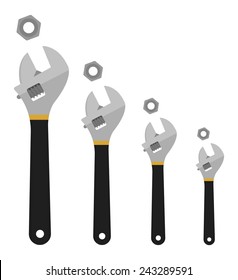 Set of mechanical wrenches with nuts. Black, yellow colors. Vector clip art no outline  illustration isolated on white