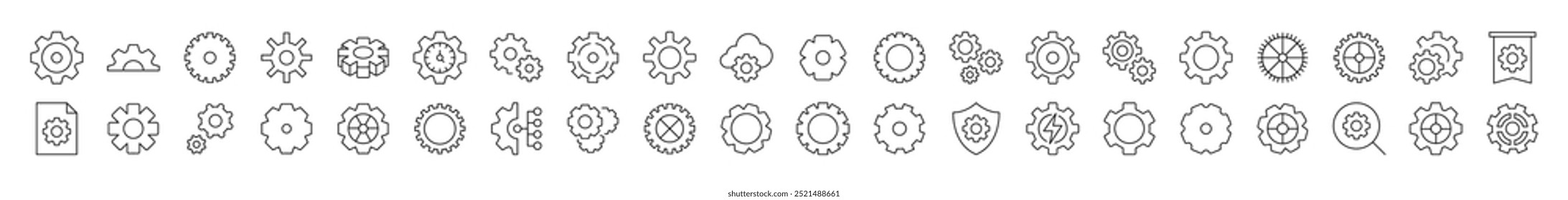 Set of Mechanism and Settings Related Line Icons. Editable Stroke for Design, Web Sites, Apps, Cards. Contains Linear Images of Gear