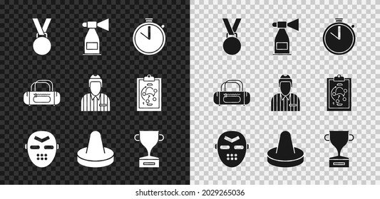 Set Medal, Air horn, Stopwatch, Hockey mask, Mallet for playing air hockey, Award cup, Sport bag and judge, referee, arbiter icon. Vector