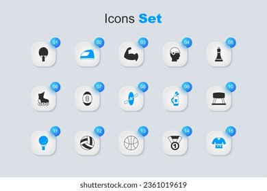 Set Medal, American Football ball, Racing helmet, Golf on tee, Kimono, Pommel horse, Racket and Kayak and paddle icon. Vector
