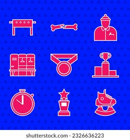 Set Medal, Award cup, Skates, Hockey over sports winner podium, Stopwatch, Locker changing room, coach and table icon. Vector