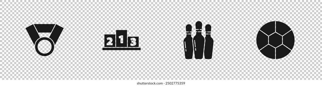 Set Medal, Award over sports winner podium, Bowling pin and Football ball icon. Vector