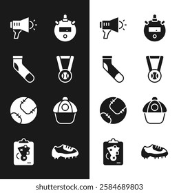 Set Medal with baseball ball, Baseball sock, Megaphone, Stopwatch, cap, boot and Planning strategy icon. Vector