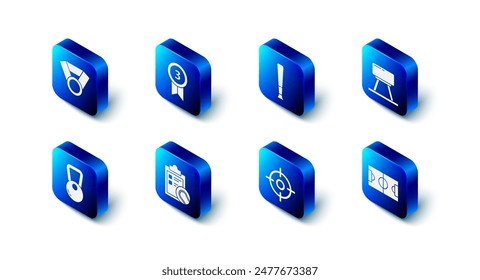 Set Medalla, Bate de Béisbol, Caballo Pommel, Campo de Fútbol, Portapapeles Target, Lista de Verificación y Tenis, Kettlebell e ícono. Vector