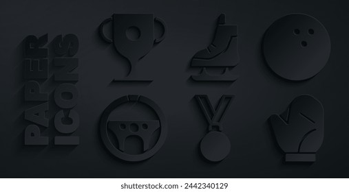 Set Medal, Bowling ball, Steering wheel, Baseball glove, Skates and Award cup icon. Vector