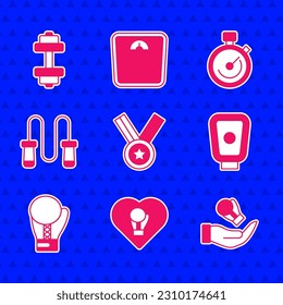 Set Medal, Boxing glove, training paws, Jump rope, Stopwatch and Dumbbell icon. Vector