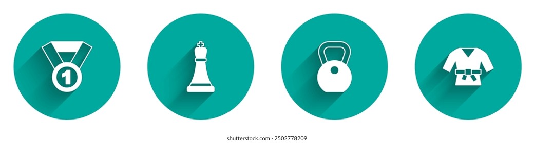 Set Medal, Chess, Weight and Kimono icon with long shadow. Vector