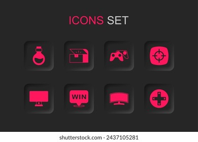 Set Medal, Cofre para el juego, Botella con elixir mágico, Monitor de ordenador, Deporte objetivo, Joystick controlador de juego e icono. Vector