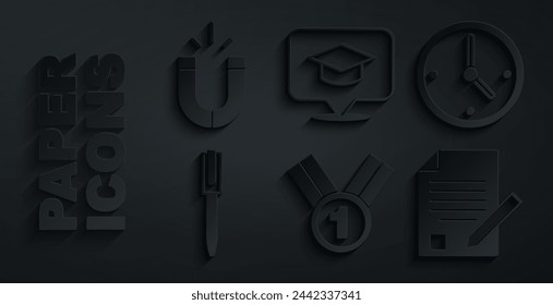 Set Medal, Clock, Pen, Exam sheet and pencil, Graduation cap in speech bubble and Magnet icon. Vector