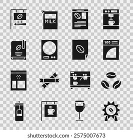 Set Medal for coffee, Coffee beans, paper filter, Newspaper and, Electronic scales, book, Street signboard and poster icon. Vector