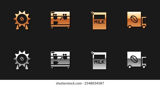 Set Medal for coffee, Coffee machine, Paper package milk and street truck icon. Vector