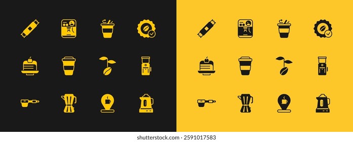 Set Medal for coffee, Coffee maker moca pot, beans, Location with cup, to go, Sugar stick packets and machine icon. Vector