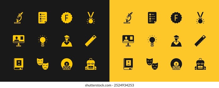 Set Medal, Comedy and tragedy masks, Graduate graduation cap, CD or DVD disk, Creative lamp light idea, Exam paper with incorrect answers, Microscope and Clipboard checklist icon. Vector