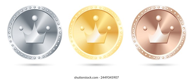 Set of medal with crown. Award symbols, Gold, silver, copper. Vector graphics