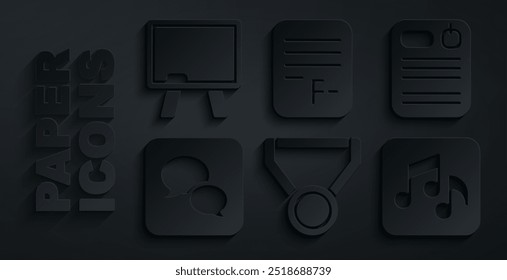 Establecer Medalla, carpeta Dossier, chat de burbujas de voz, nota de música, tono, papel de examen con respuestas incorrectas e icono de pizarra. Vector