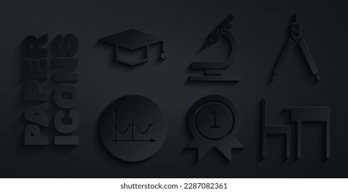 Set Medal, Drawing compass, Graph, schedule, chart, diagram, School table and chair, Microscope and Graduation cap icon. Vector
