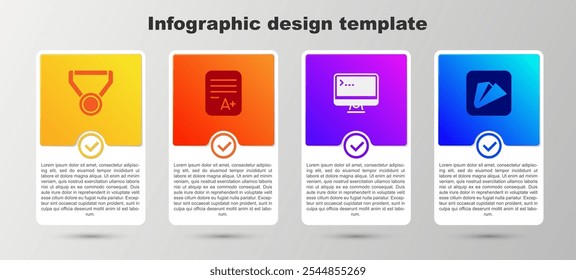 Definir Medalha, folha de exame com nota A mais, monitor de computador e avião de papel. Modelo de infográfico comercial. Vetor