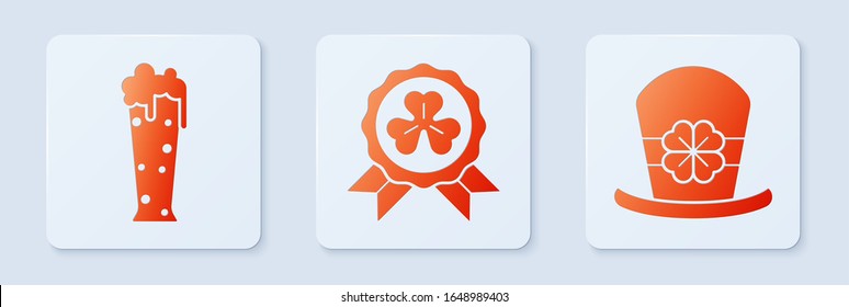 Set Medal with four leaf clover, Glass of beer and Leprechaun hat and four leaf clover. White square button. Vector