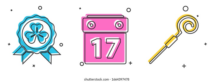 Set Medal with four leaf clover, Saint Patrick's day with calendar and Walking stick icon. Vector