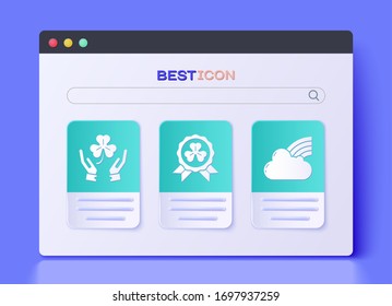 Medalla con cuatro trébol de hojas, Manos humanas con cuatro trébol de hojas y Arcoiris con icono de nubes. Vector