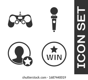 Set Medal, Gamepad, Premium erstellen Account-Bildschirm und Joystick für Arcade-Maschine Symbol. Vektorgrafik
