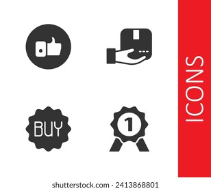 Set Medal, Hand like, Buy button and Delivery hand with box icon. Vector