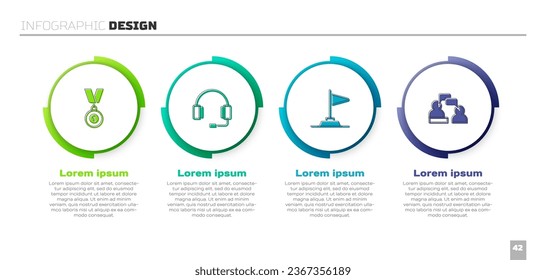 Set Medal, Headphones, Flag and Two sitting men talking. Business infographic template. Vector