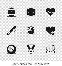 Set Medal, Heart rate, Jump rope, Stopwatch, American Football ball, Hockey puck and Baseball bat with icon. Vector