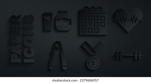 Set Medal, Heart rate, Sport expander, Barbell, Calendar fitness and Sports nutrition icon. Vector